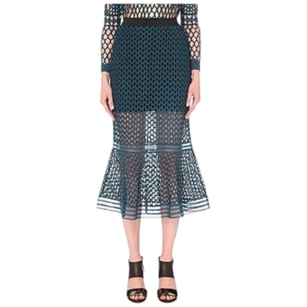 NWT SELF-PORTRAIT Arabesque Lace Fishtail Skirt In Dark Green